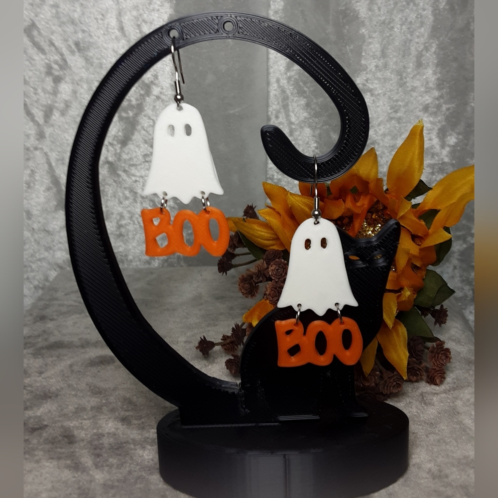 Handmade 3D Printed Ghost Boo Earrings Halloween White Orange - Picture 4 of 5